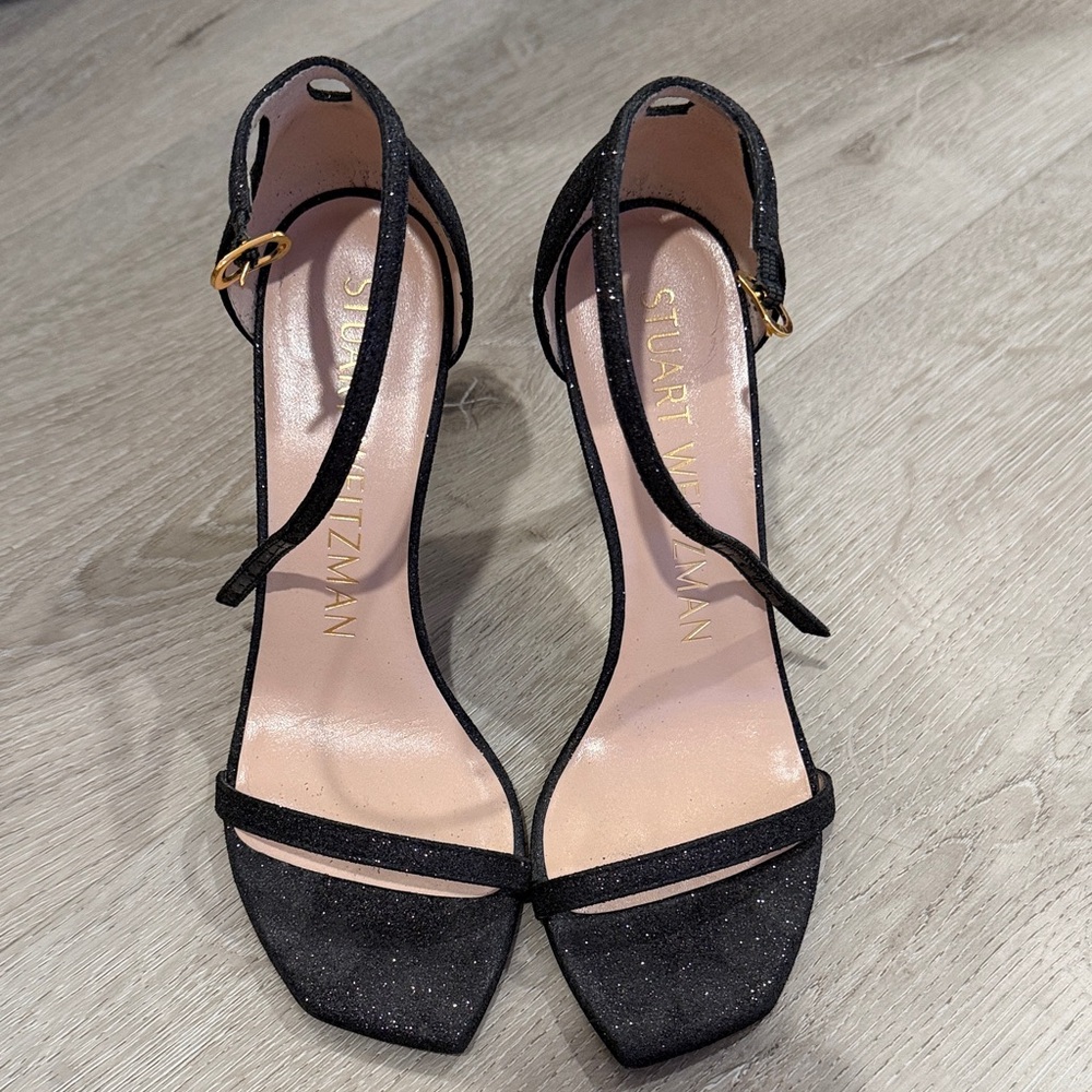 Stuart Weitzman Black Glitter Ankle-Strap Open-Toe Heels